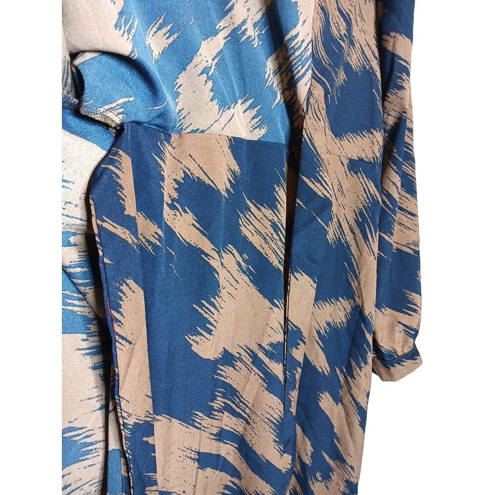 Women's Flowy Faux Wrap Dress V-Neck Long Sleeve Size XL Blue/Brown - Picture 4 of 9